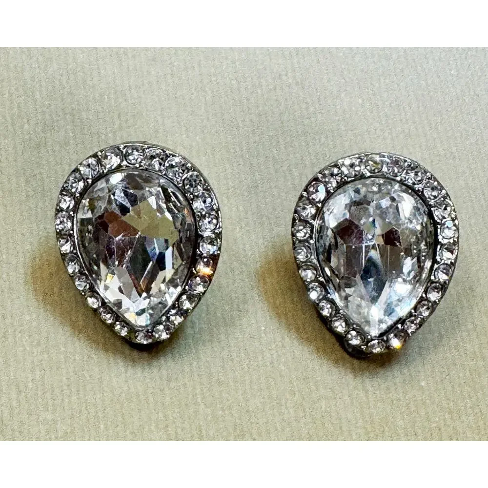 Vintage Clear Rhinestone Clip-On Earrings Silver Tone Teardrop Statement 1